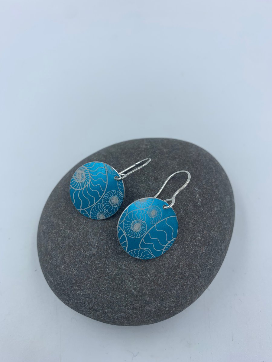 Turquoise anodised aluminium ammonite circle earrings