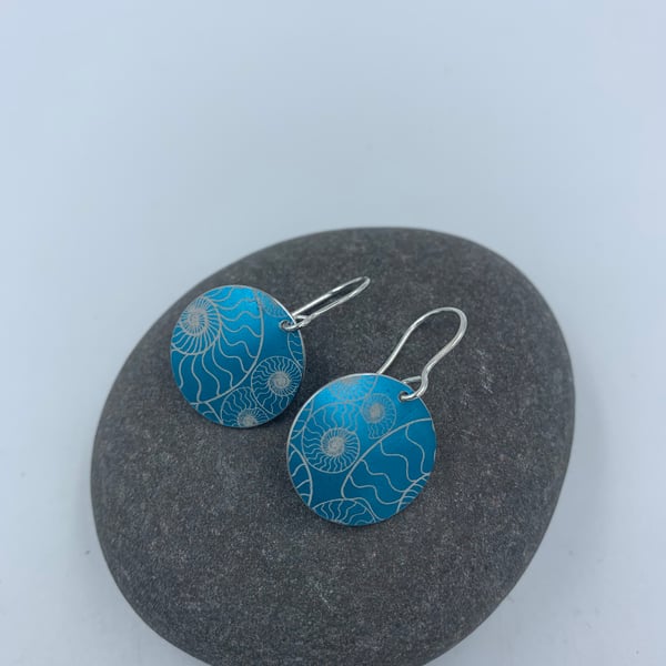 Turquoise anodised aluminium ammonite circle earrings