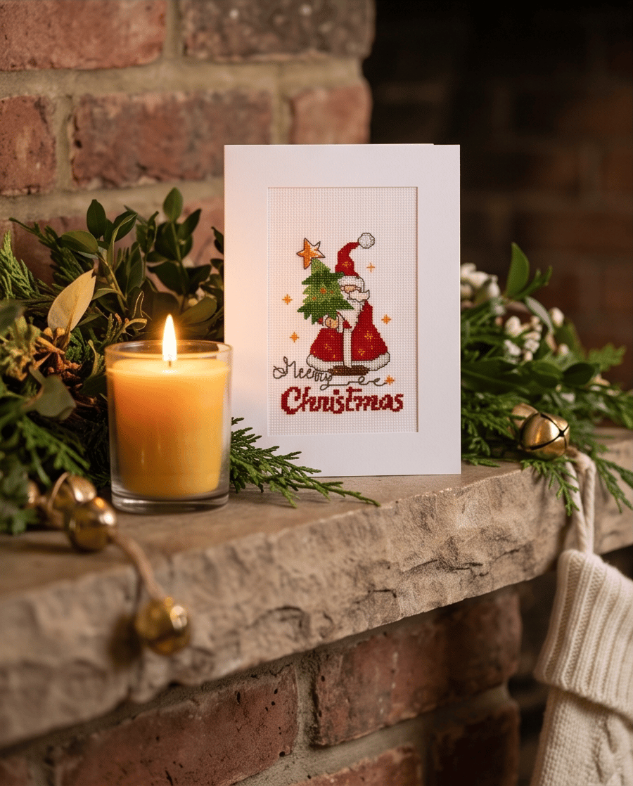 Father Christmas Cross Stitch Card, Handmade Santa with Tree 