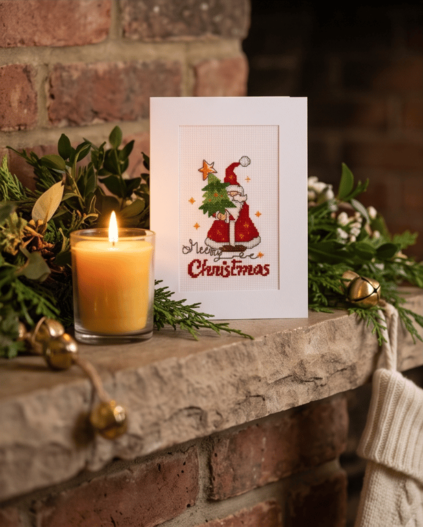 Father Christmas Cross Stitch Card, Handmade Santa with Tree 