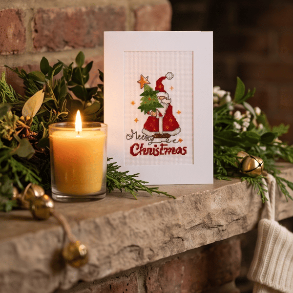 Father Christmas Cross Stitch Card, Handmade Santa with Tree 