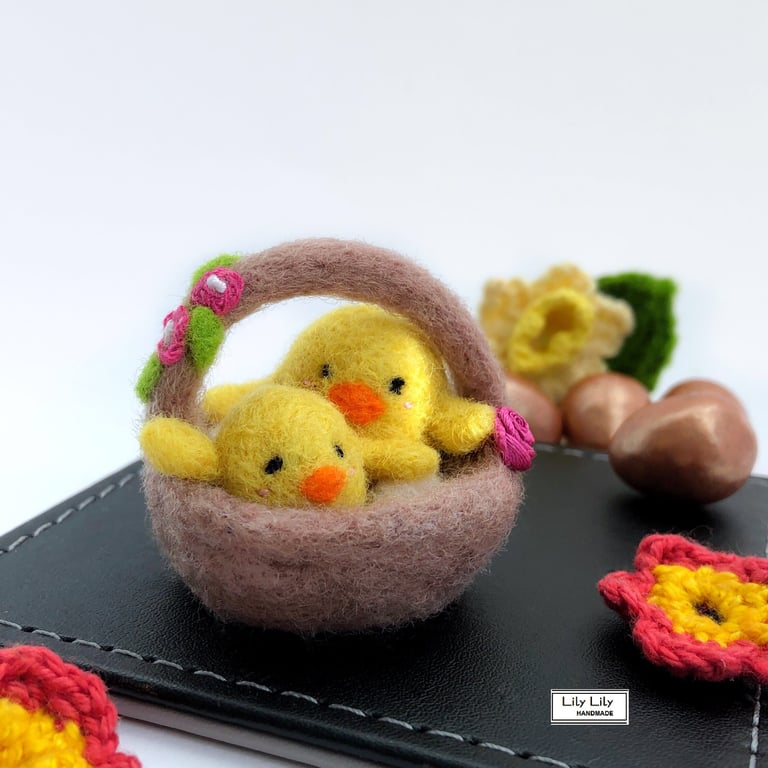Miniature basket of chicks, needle felted by Lily Lily Handmade