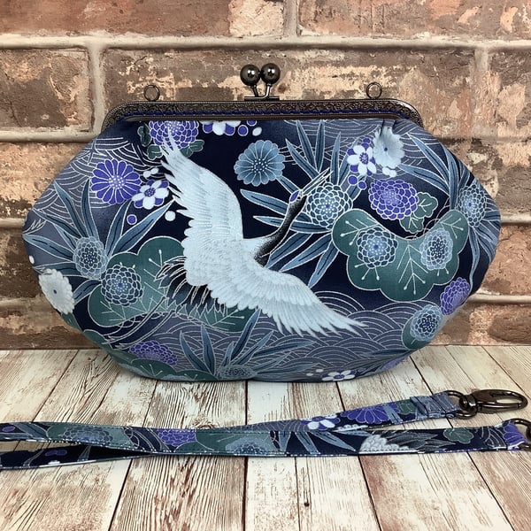Oriental Cranes Floral medium fabric frame clutch handbag, Kiss clasp