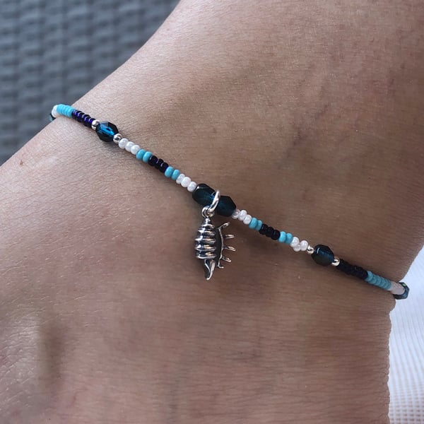 Blue Beaded & Conch Shell Anklet. Sterling Silver. 