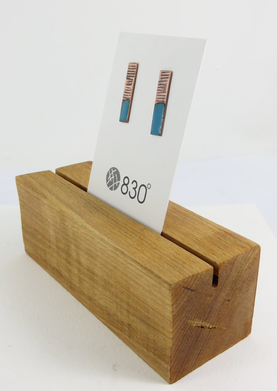 Rectangle, textured copper, blue enamel modern earring drop earring