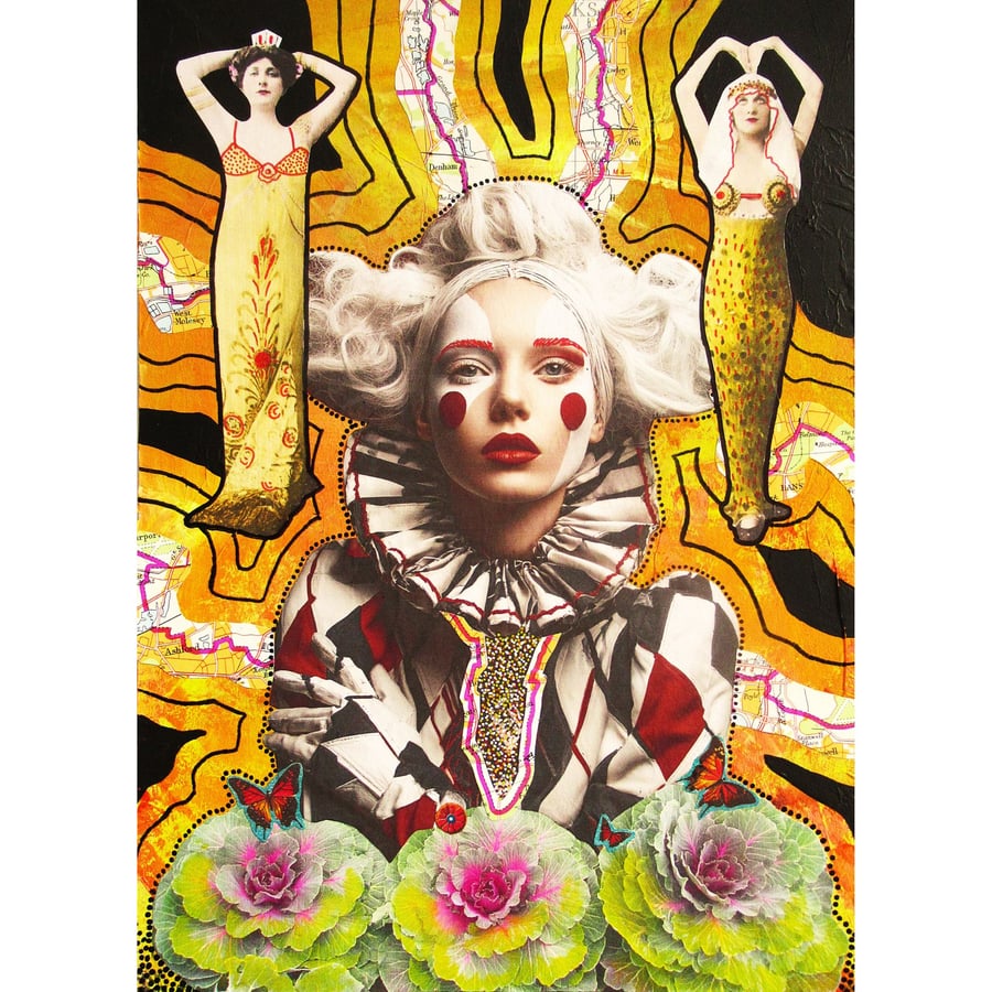 Surreal Female Harlequin Portrait Feminine Pierrot Clown Wall Art Whimsical Circ