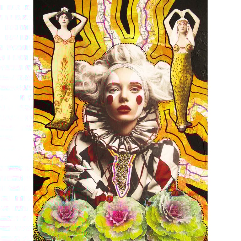 Surreal Female Harlequin Portrait Feminine Pierrot Clown Wall Art Whimsical Circ