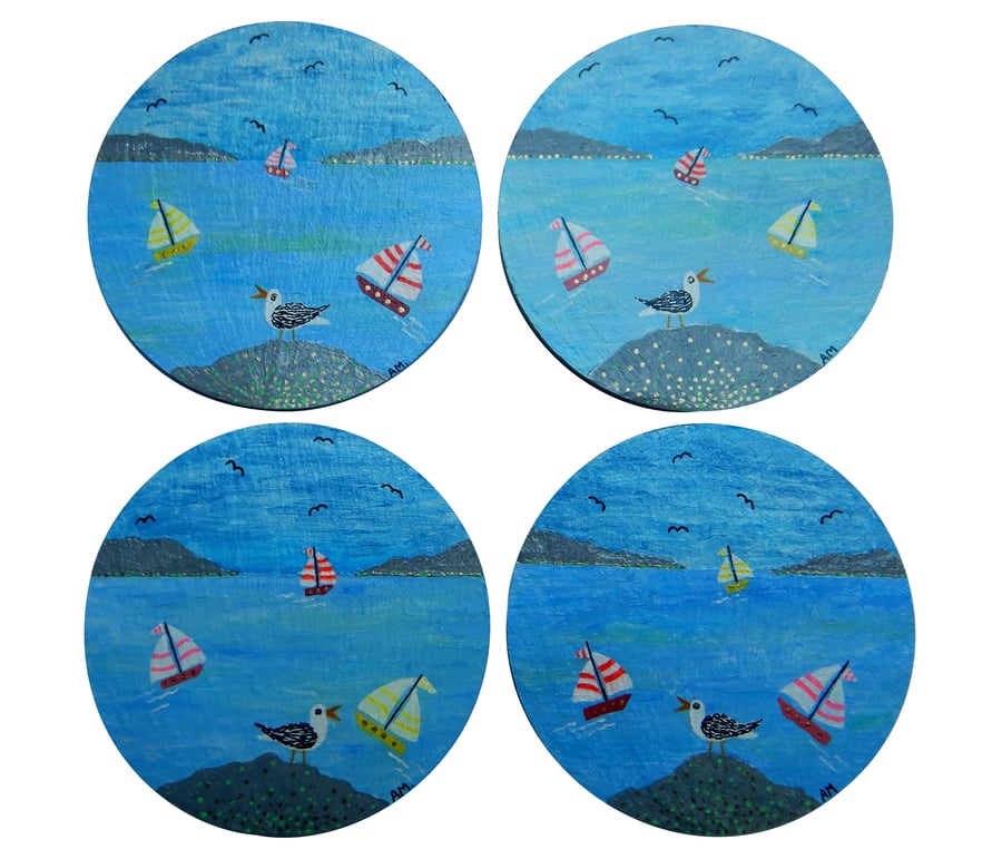 Hand Painted Natural Slate 'Sea Gull' Coasters, Set of 4.