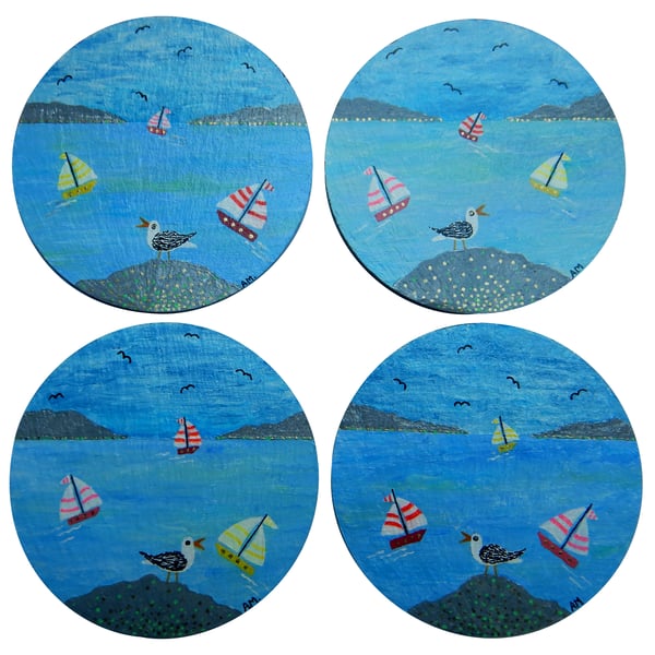 Hand Painted Natural Slate 'Sea Gull' Coasters, Set of 4.
