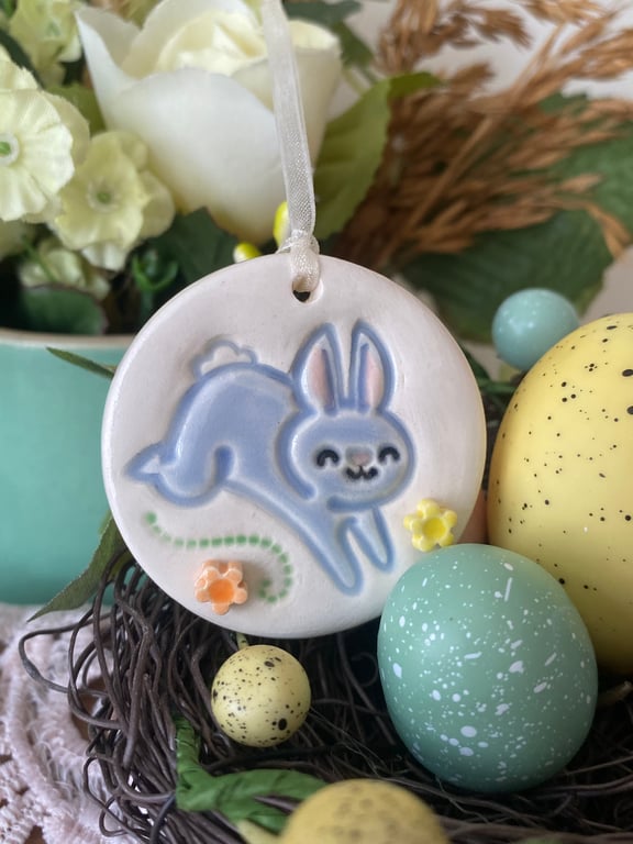 Ceramic Easter Bunny decoration with flowers blue