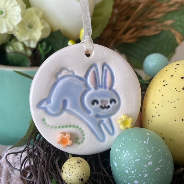 Ceramic Easter Bunny decoration with flowers blue
