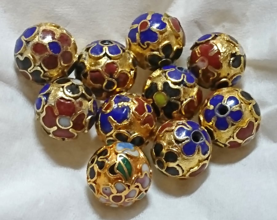Vintage 90's Chinese Cloisonne Beads -  loose x 10 - gold floral