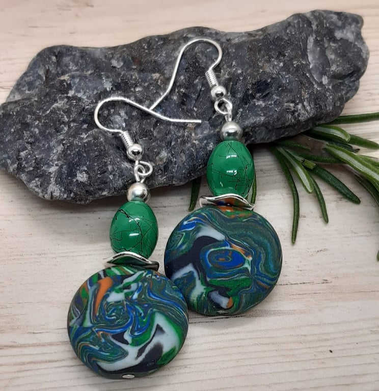Green multi-coloured dangly earrings