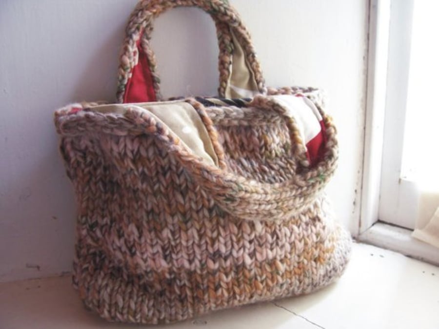 Chunky hand knitted, lined tote bag - Harvest