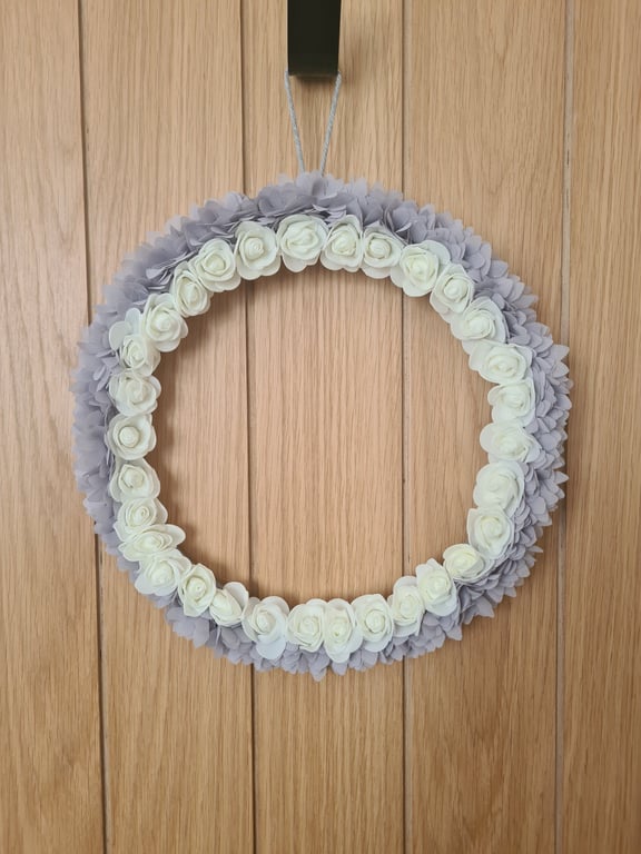 Chiffon ribbon & white foam rose wreath