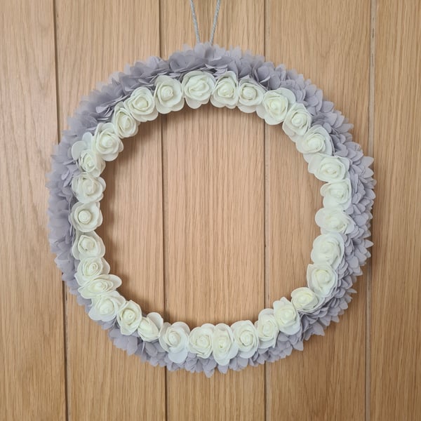 Chiffon ribbon & white foam rose wreath