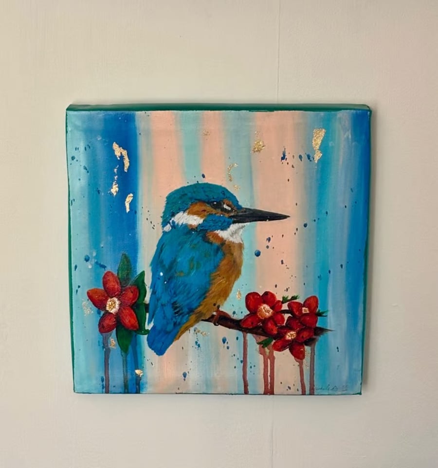Kingfisher on Blossom Branch – Original Acrylic Painting on Canvas