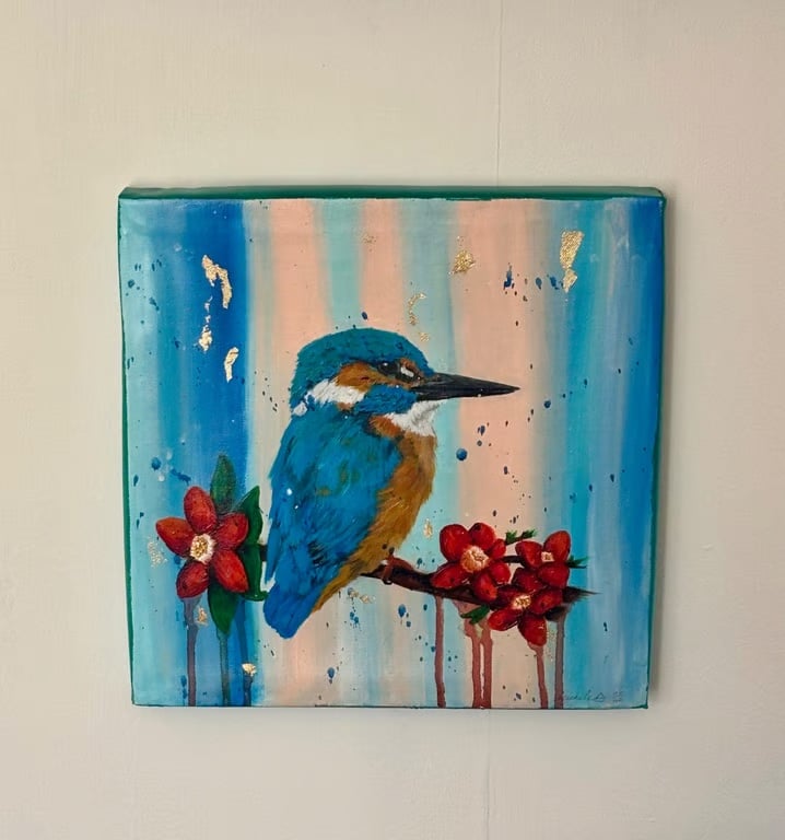 Kingfisher on Blossom Branch – Original Acrylic Painting on Canvas