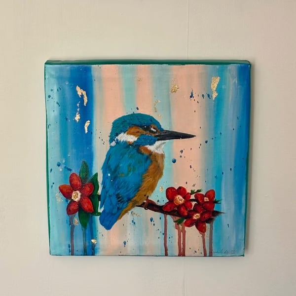 Kingfisher on Blossom Branch – Original Acrylic Painting on Canvas
