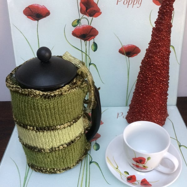 Luxury Hand Knitted Sparkly Green Apple Cafetiere French Press Coffee Cosy