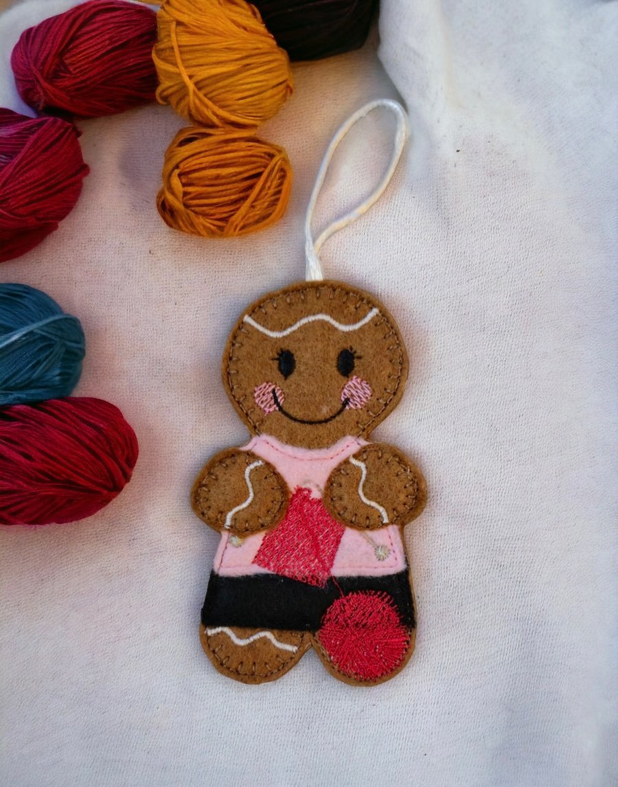 Gingerbread lady doing some knitting Embroidered Hanging Keepsake 