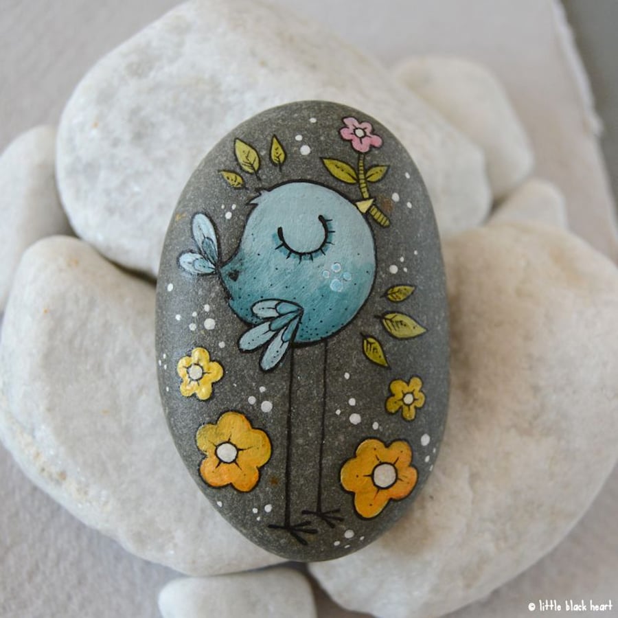 blue autumn bird - painted pebble