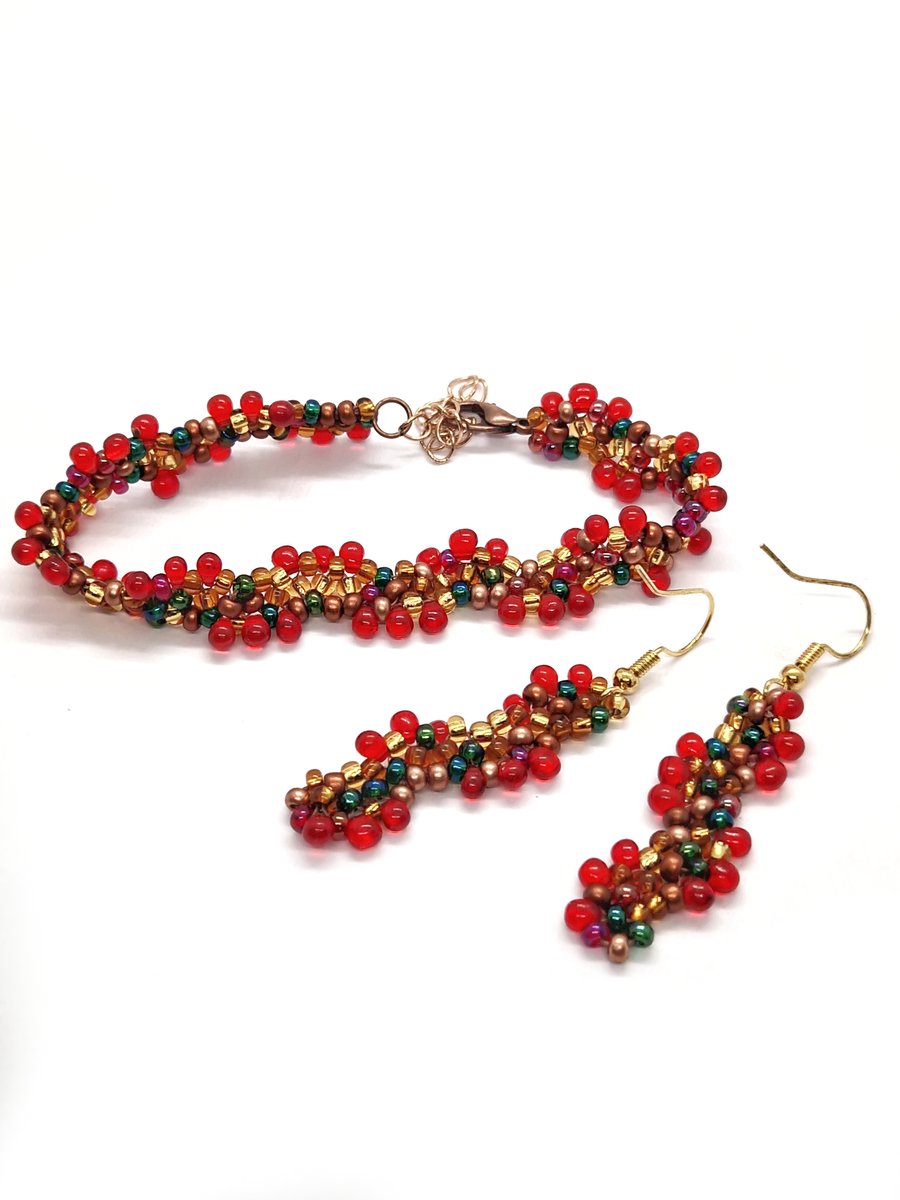 Red and bronze autumn tones wavy bracelet and earrings set