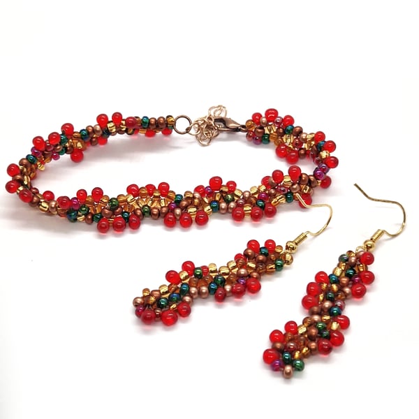Red and bronze autumn tones wavy bracelet and earrings set