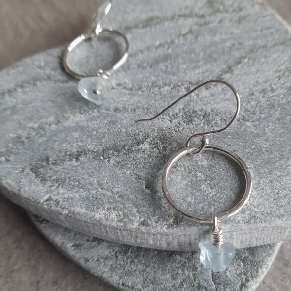   Argentium Silver hoop Earrings With Aquamarine Gemstones 