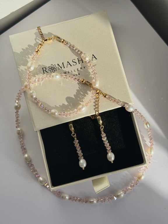 Freshwater Pearl and Pink Crystal Jewellery Set, Handmade Necklace and Earrings