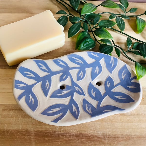 Handmade stoneware pottery lilac leaf soap dish bathroom decor
