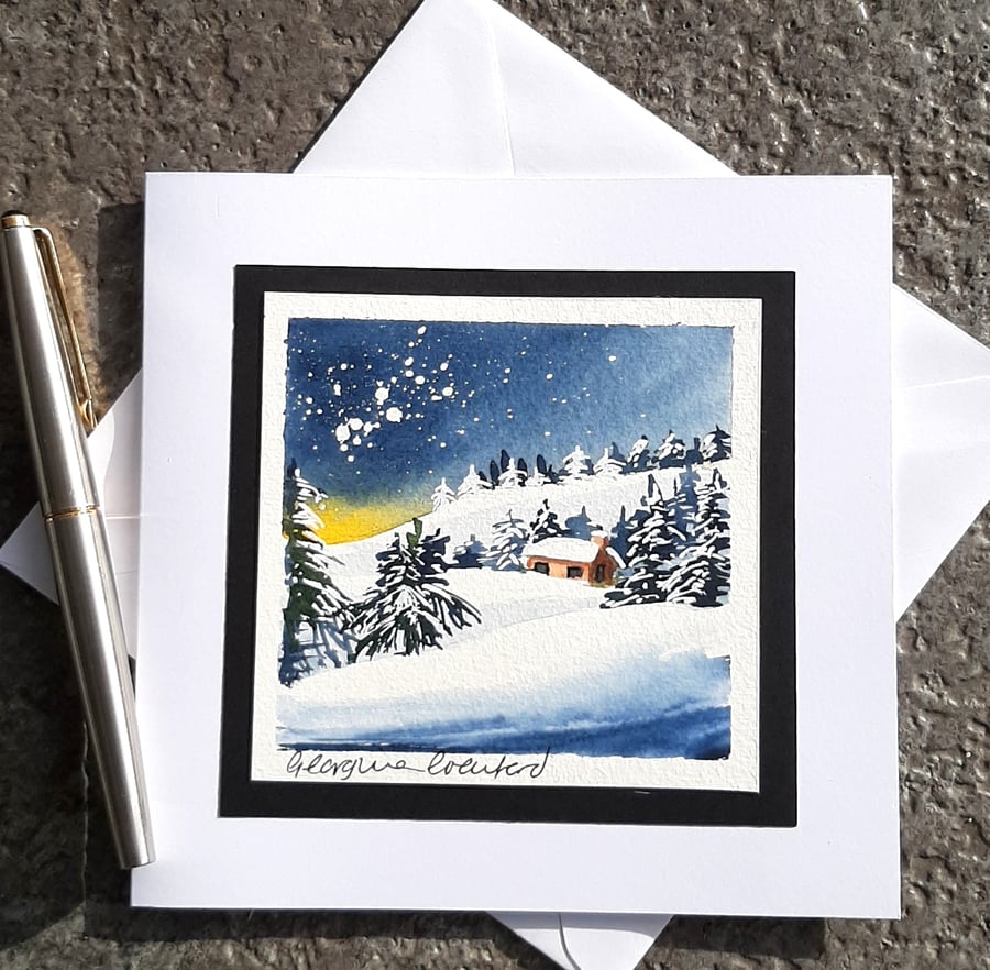 Handpainted Blank Christmas Card. Christmas Snowscene With Snowy Fir Trees
