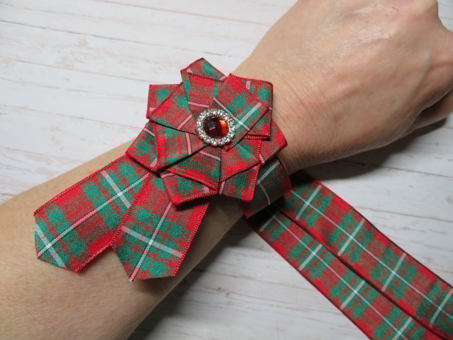 MacGregor Tartan Ruffle Rosette Crystal Wrist Corsage Wristlet Prom Ceilidh