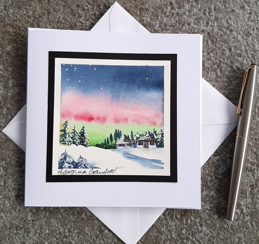 Handpainted Blank Christmas Card. Christmas Tree Snow Scene. Northern Lights
