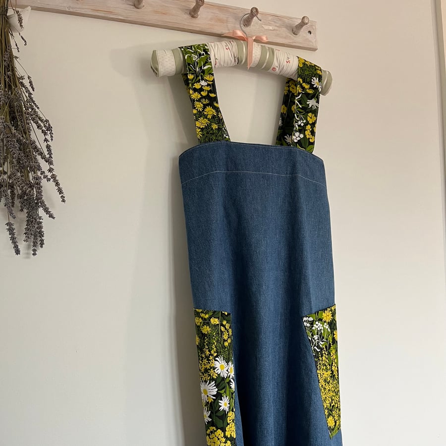Cross back apron in reclaimed denim and vintage floral cotton