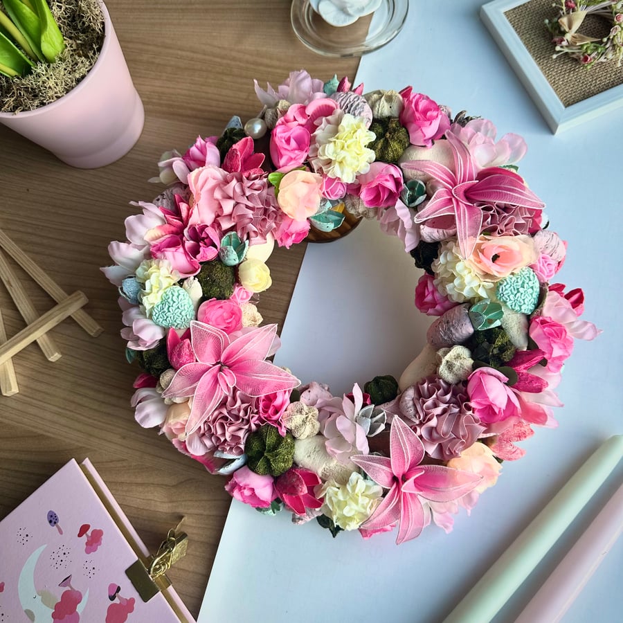 Pink floral Summer door wreath , country home porch entrance for mum