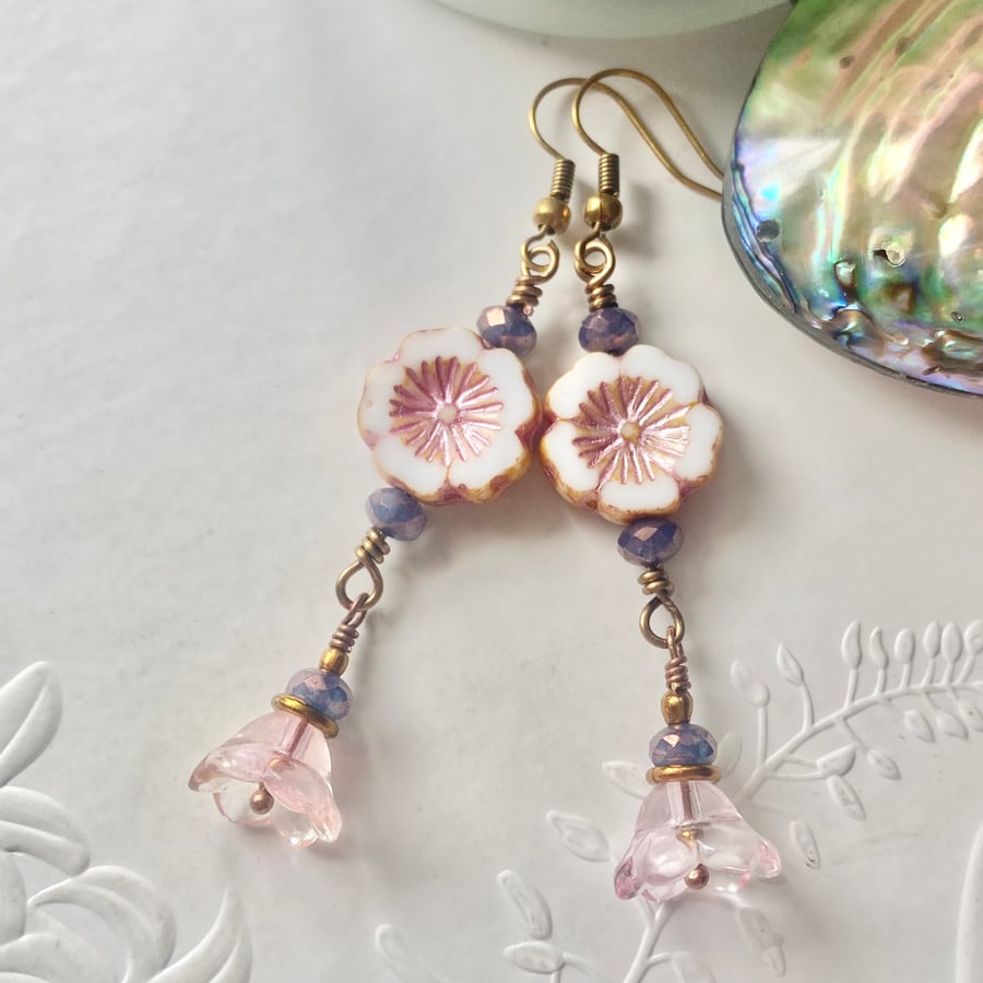 Antique bronze Czech glass flower earrings 