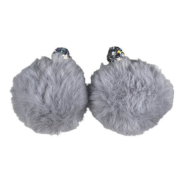 crystal pom pom earrings grey snowball gift for her silver plated