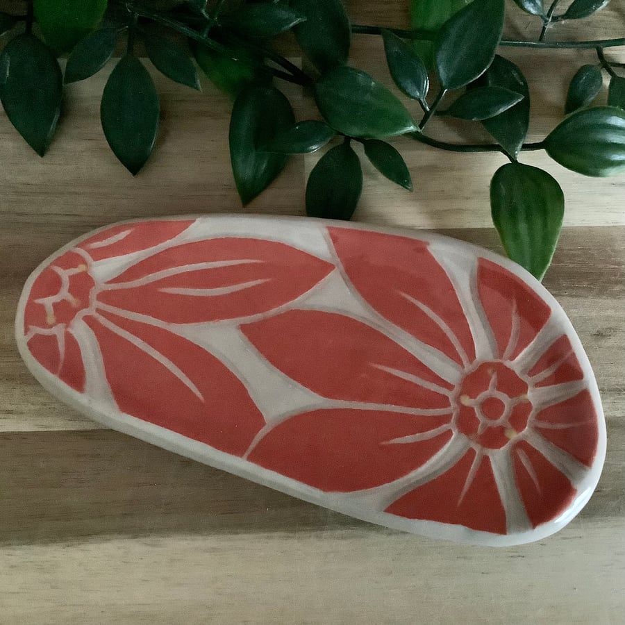 Handmade stoneware red flower ring trinket jewellery dish home decor