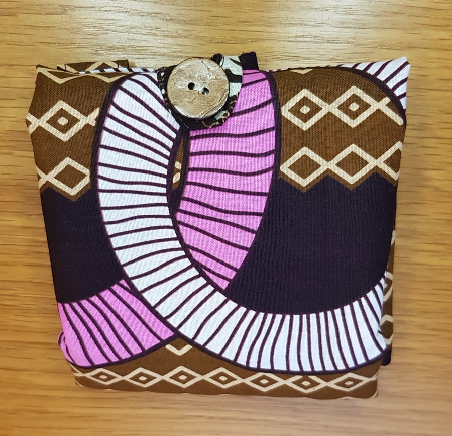 Folding cotton tote bag: African fabric: pink and brown