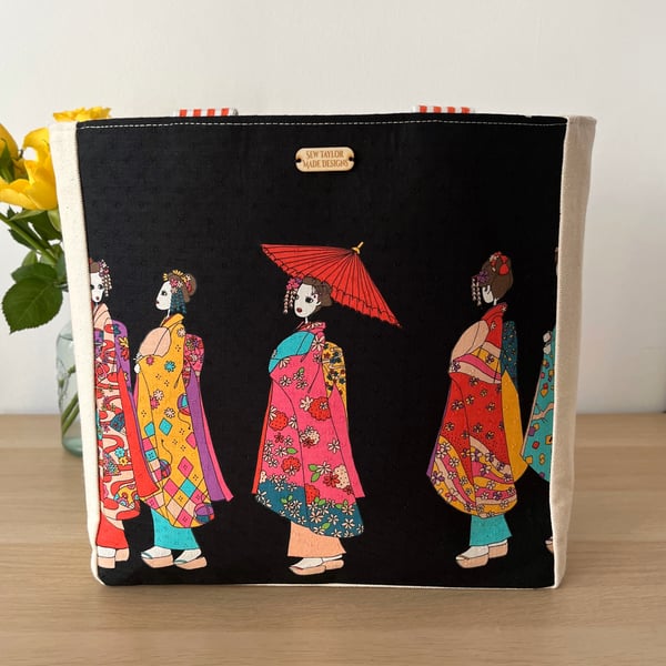 Large Tote Bag with Pockets Japanese Geisha Fabric Canvas Limited Edition