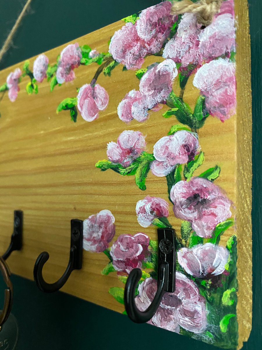Hand painted key hooks key holder Pink flowers Rustic farmhouse pallet wood 