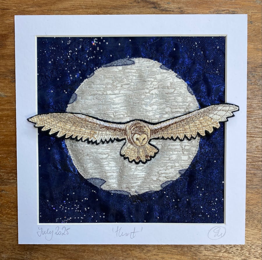 Mounted embroidered barn owl hunting in moon light artwork, wall art. 