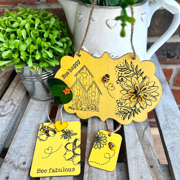 ‘Bee Happy’ Wooden Decorations x 3 Folksy