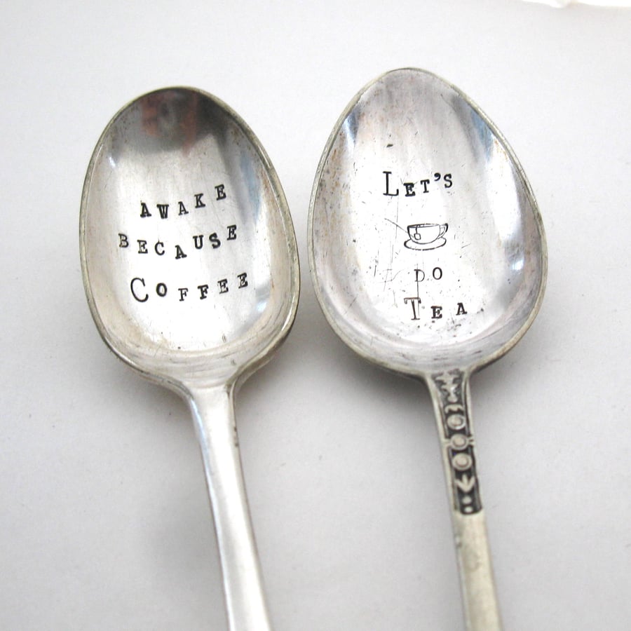 Tea and coffee spoons, two mismatched handstamped vintage spoons