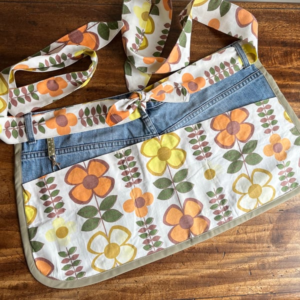 Gardening apron vintage floral cotton and old jeans repurposed retro print
