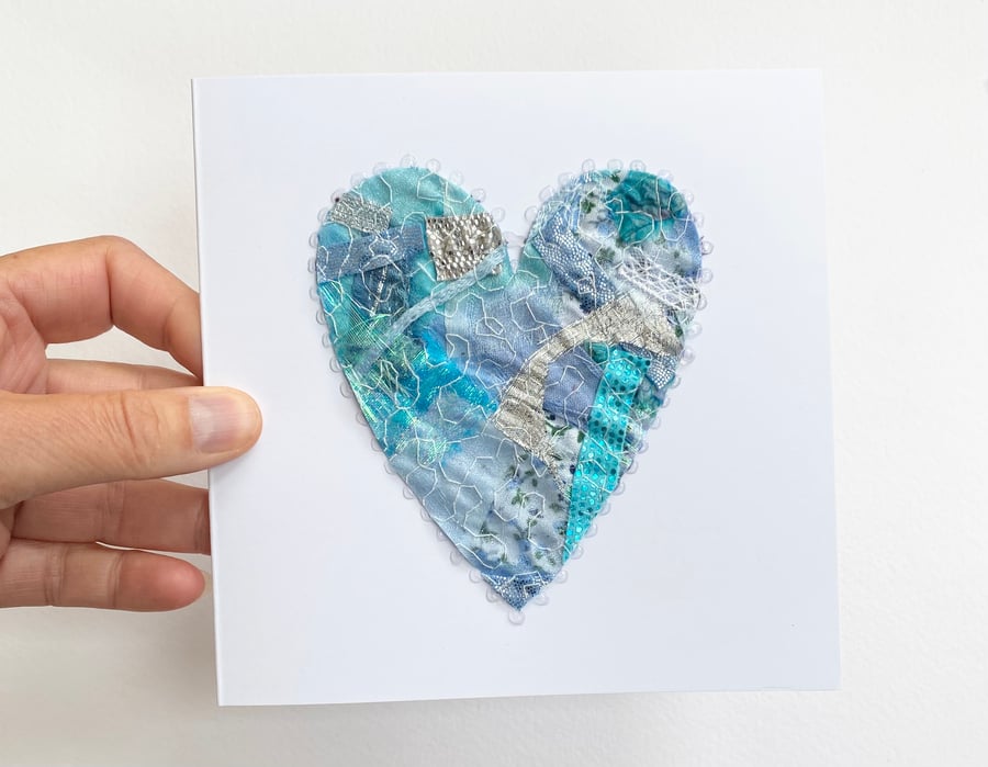 Up-cycled handmade fabric embroidered heart art card. 