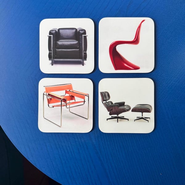 Mid-century modern chair coasters - iconic designer set of 4 with Display Stand