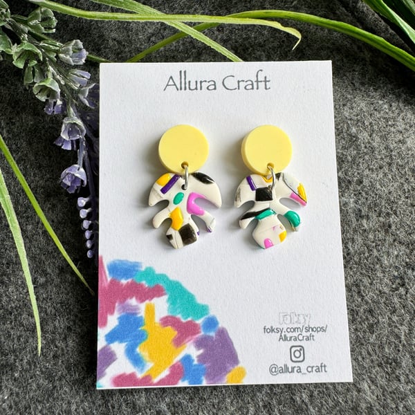 Monstera Leaf & Colour Patch Earrings 