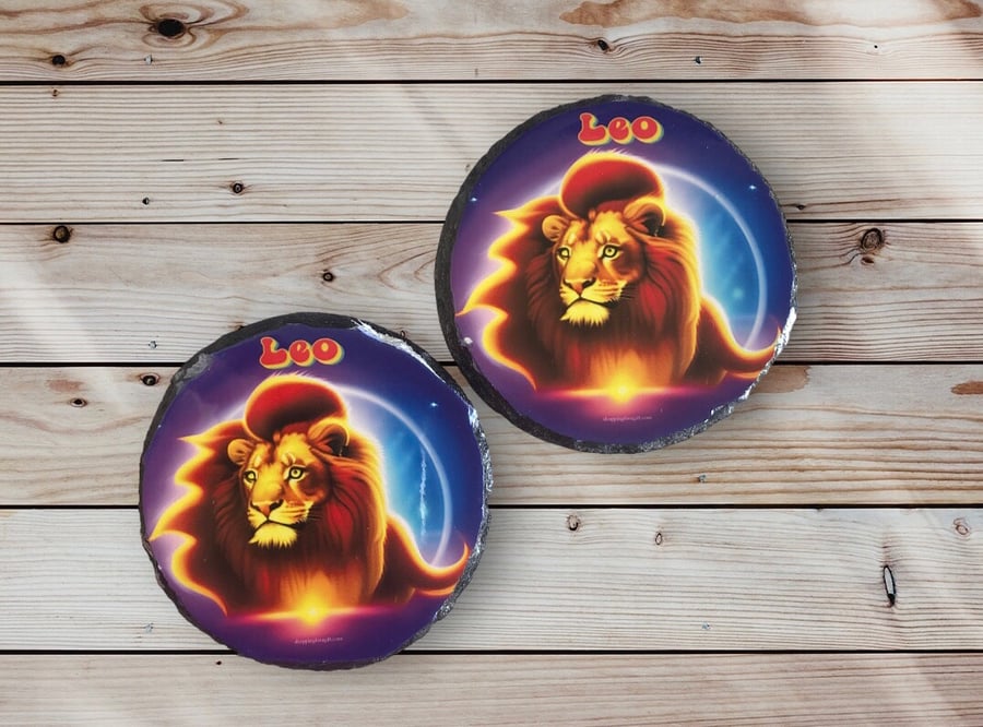 Leo Star Sign Round Rock Slate Coasters Set Of 2. Birthday Christmas Coaster
